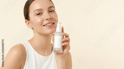 Caucasian woman skincare pump bottle mockup with glowing skin