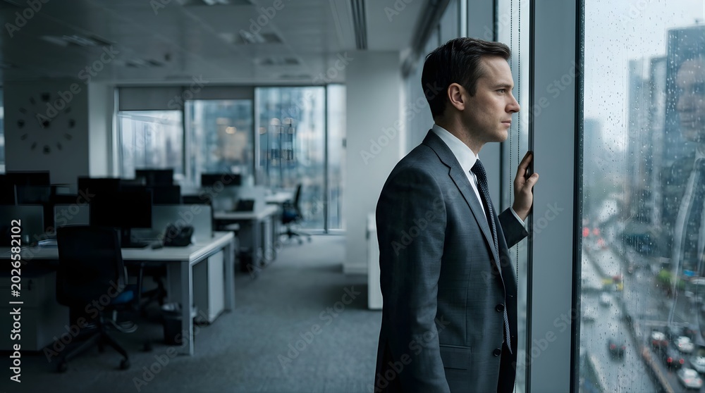 Fototapeta premium Businessman looking out of office window on a rainy day in the city