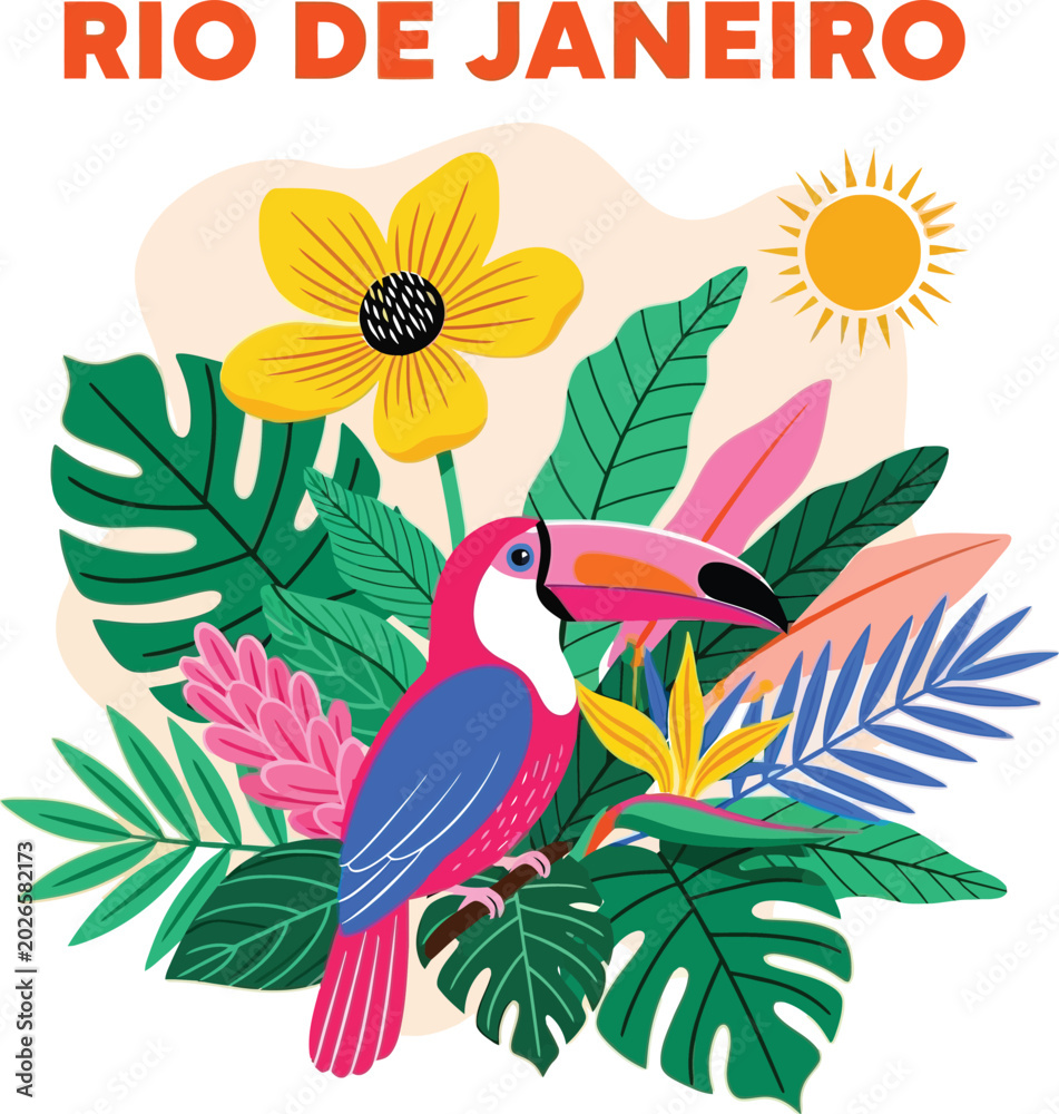 Fototapeta premium Rio de janeiro tropical illustration with toucan and exotic flora