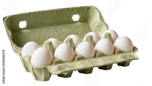 Photos Ten white chicken eggs in a green cardboard carton, isolated on transparent back
