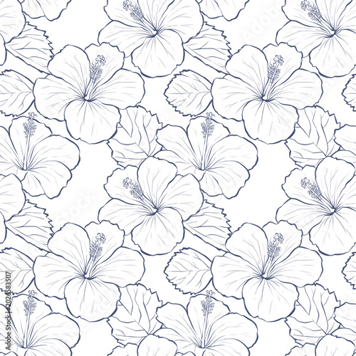 Beautiful seamless botanical pattern with navy blue hibiscus flower line art