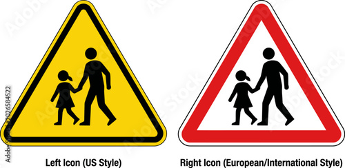 Bild auf Leinwand Children crossing road warning signs - us and european styles with warning sign