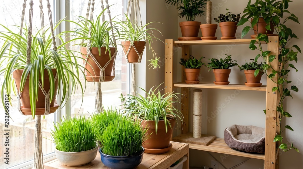 Fototapeta premium A serene indoor garden with various potted plants on a wooden shelf and table by a window on transparent background