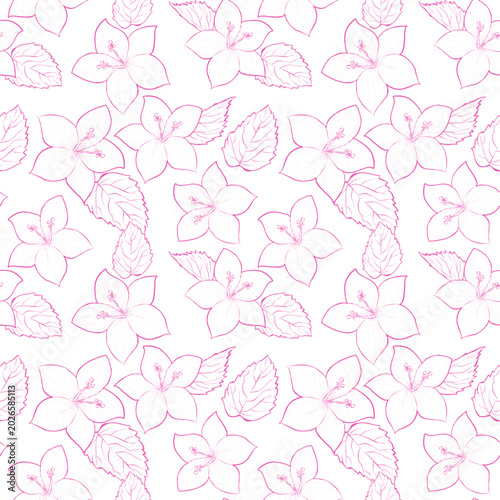 Minimalist seamless tropical hibiscus flower pattern with pink line art