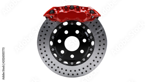 Fotografie Red performance brake caliper clamped onto a drilled and slotted rotor, isolated
