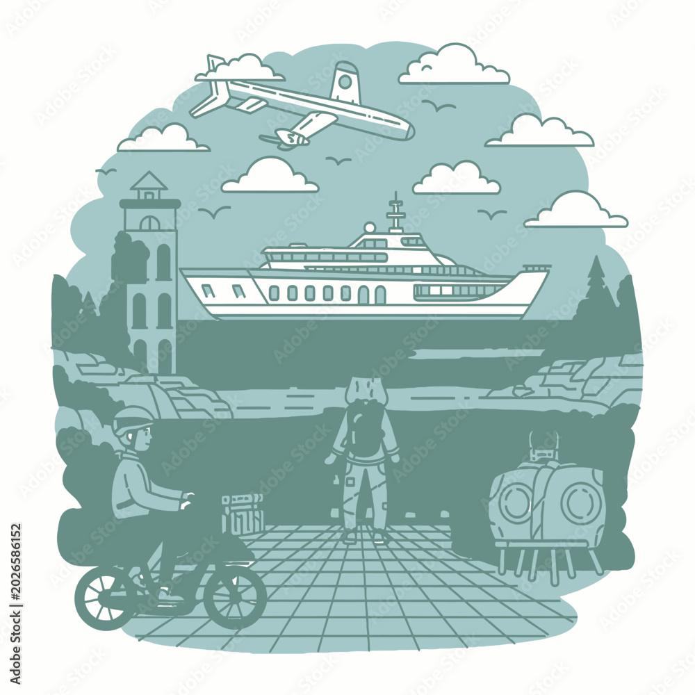 Naklejka premium Global travel and transport scene with ship plane and cyclist