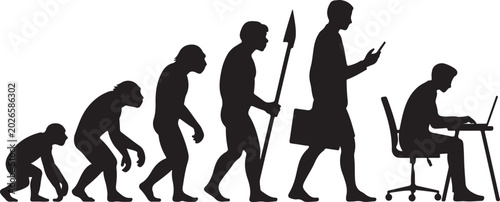Foto Evolution of man from primate to modern tech user