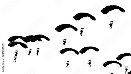 Photos Multiple black parachutes with tiny silhouetted skydivers descending, isolated o
