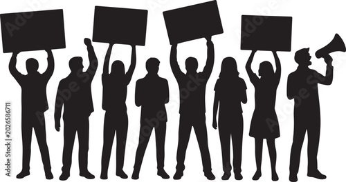 Bilde på lerret Silhouetted figures holding signs and a megaphone protest