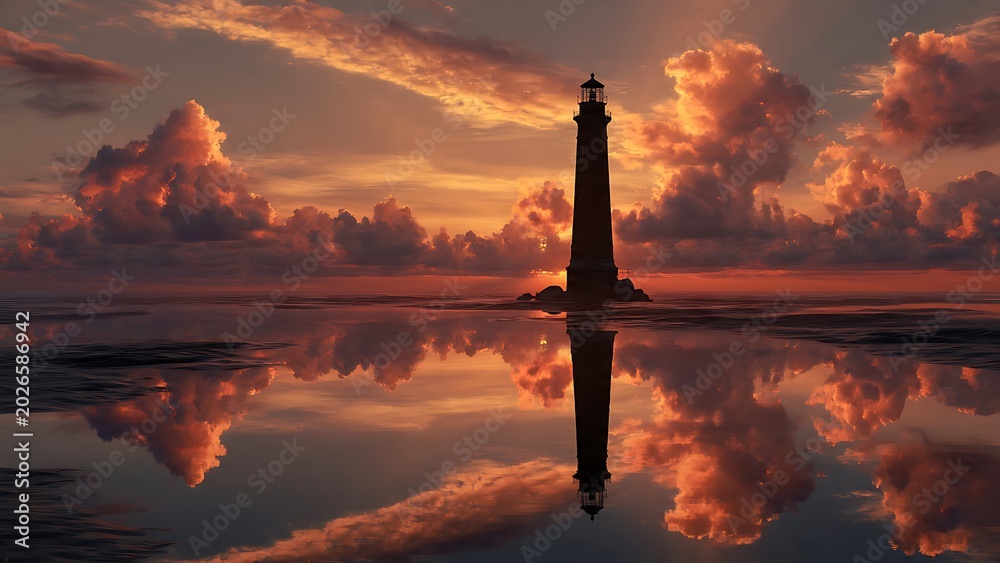 Fototapeta premium Lighthouse standing tall at sunset.