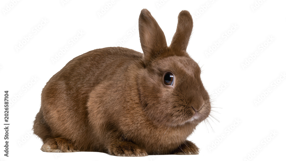 Fototapeta premium Fluffy brown rabbit sitting, isolated on transparent background