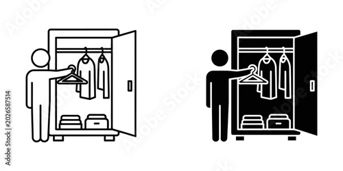 Fotografía Person organizing wardrobe with clothes hanger vector icon set wardrobe organize