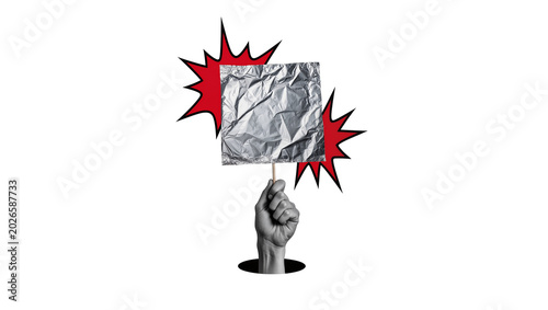 Fotografie Fist holding crumpled foil sign with red starbursts, isolated on transparent bac
