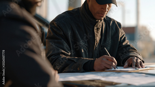 Port authority cargo theft investigator photographs broken container seal at dockside inspection station, evidence marker placed beside tampered lock mechanism while partner sketches incident report