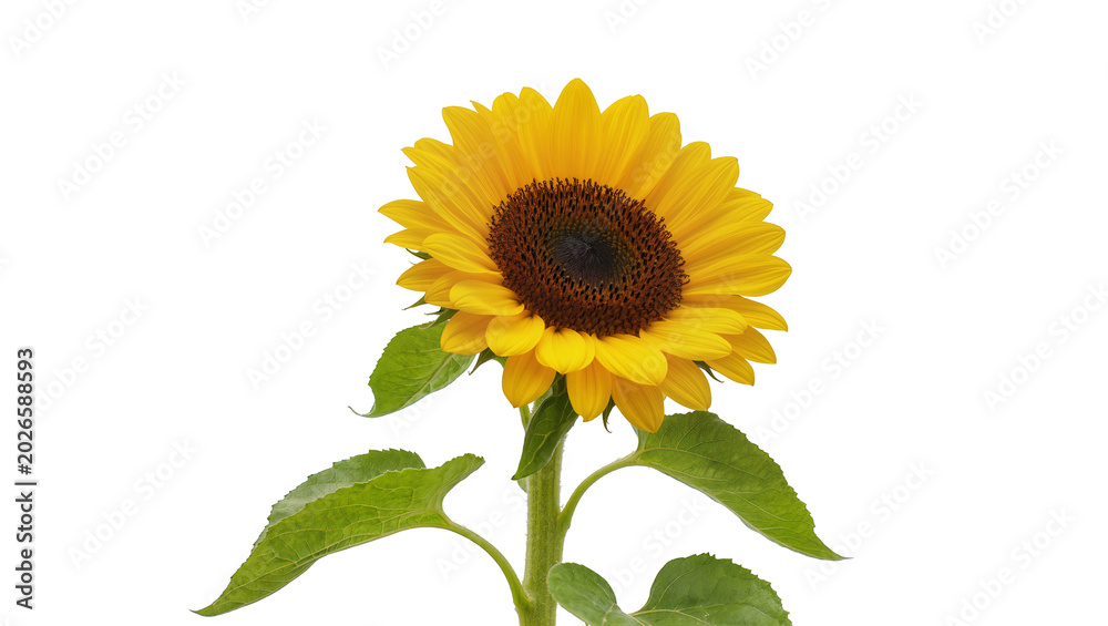 Fototapeta premium Bright yellow sunflower with dark brown center green leaves, isolated on transparent background