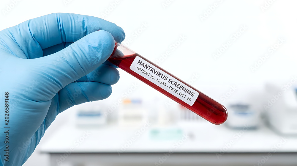 Obraz premium A gloved hand holds a labeled blood sample tube in a medical laboratory setting with various equipment.