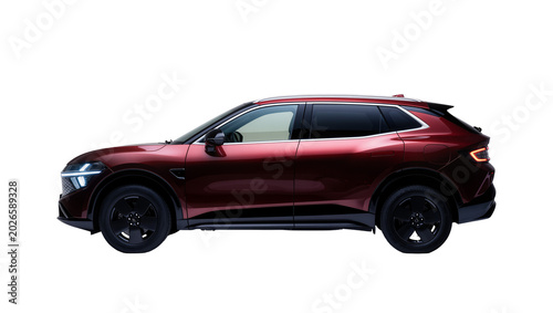 Canvastavla Modern dark red crossover SUV with black wheels, isolated on transparent backgro