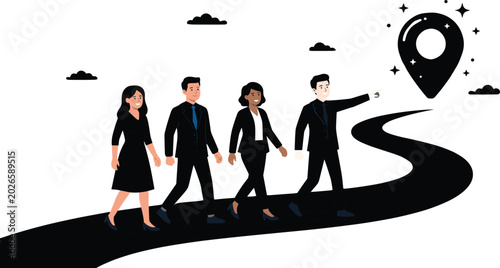 Foto Business Team Walking on Road Towards Target Destination Pin Vector Illustration