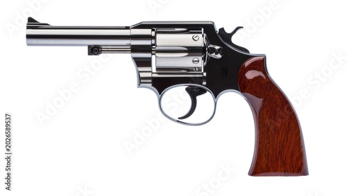 Canvas Print Shiny chrome revolver with polished wood grip, isolated on transparent backgroun