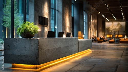Dark moody interior of a luxury office lobby featuring a textured concrete reception counter with vibrant yellow backlighting.