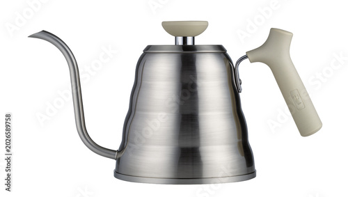 Photography Brushed stainless steel gooseneck kettle with cream handle, isolated on transpar