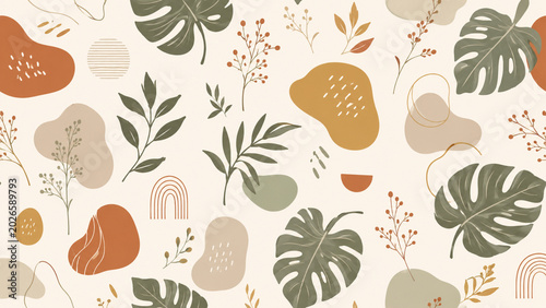 Minimalist seamless pattern with abstract organic boho elements, hand drawn botanical leaves and earth toned shapes on cream background