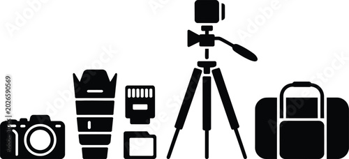 Collection of photography equipment icons including camera lenses tripod flash bag with lens hood telephoto lens white background equipment set photography equipment professional videography