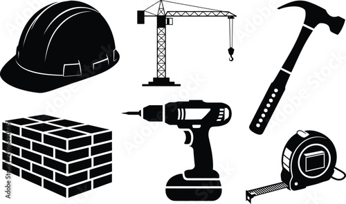 Tableau sur toile Construction and building tools icons including hard hat crane hammer drill tape