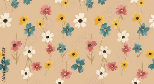 Bright floral background pattern with delicate watercolor blossoms