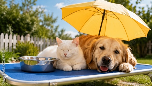 Dog and Cat Relaxing Together Under Sun Umbrella. AI Generative.