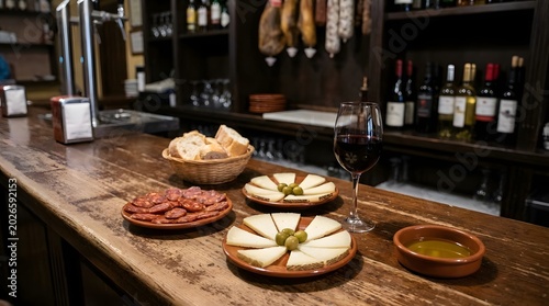 A rustic bar counter with plates of cheese and meat, a glass of red wine, and a bowl of bread on transparent background