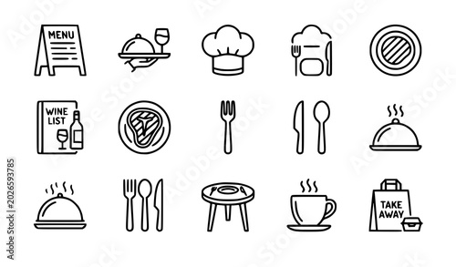 Restaurant line icon set with menu chef steak tray and dining symbols pixel perfect vector isolated on white