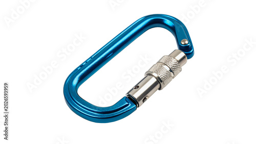 Photos Blue metallic climbing carabiner or safety d-ring hook for industrial safety and