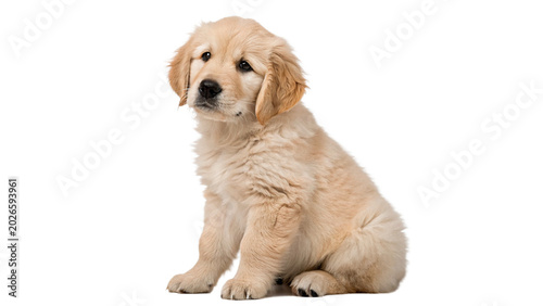 Photos Cute fluffy golden retriever puppy sitting calmly and looking forward with frien