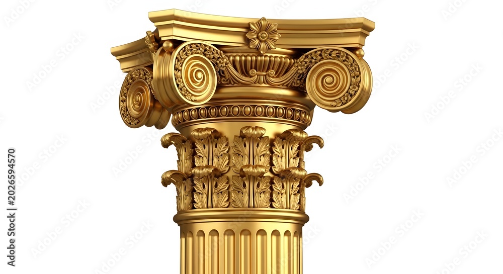 Naklejka premium Golden classical column capital in corinthian style with acanthus leaves and scroll volutes decorative architectural element isolated on white background render