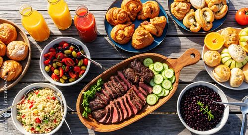 Extensive brunch buffet spread with steak pastries and fresh produce
