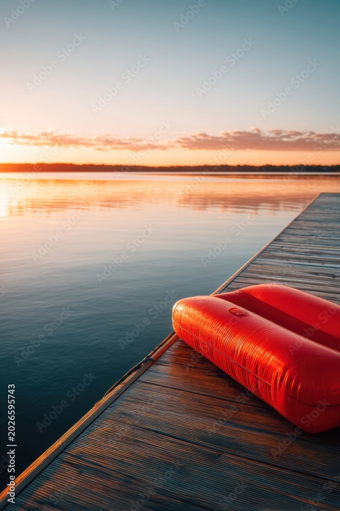 Fototapeta premium Inflatable float on wooden dock by calm lake during sunset. Summer vacation leisure equipment on pier. Relaxing scenery at golden hour for travel, holiday, wellness and water activity concept.