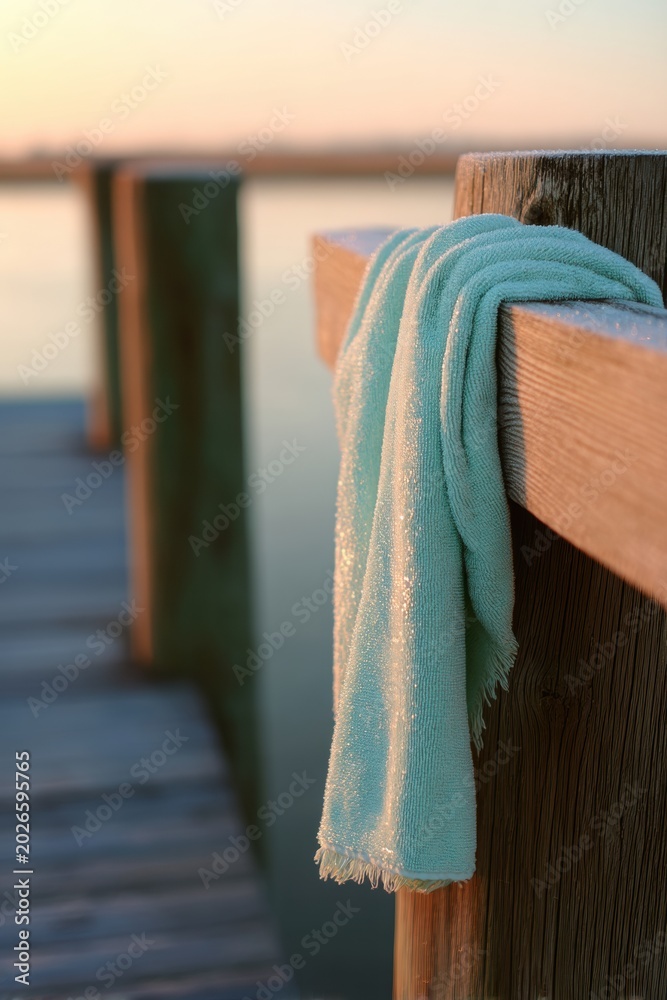Obraz premium Light blue towel hanging on a wooden dock railing at sunset. Coastal morning scenery with soft sunlight glowing on the fabric. Relaxation, summer vacation and beach lifestyle concept.
