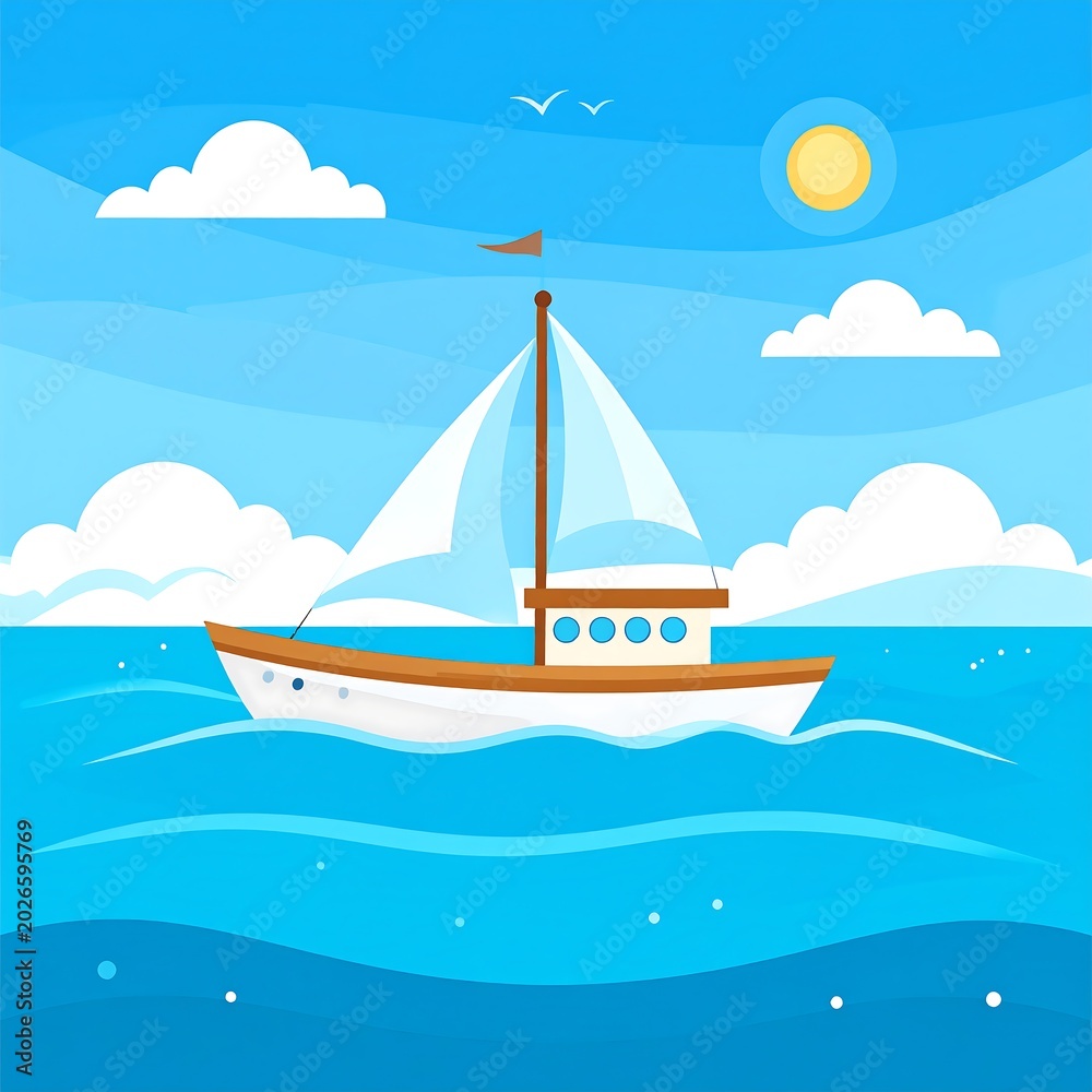 Naklejka premium Sailboat on the sea with clouds and sun illustration perfect for designs