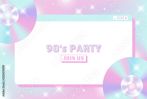 Pastel Cyber Y2K Party Vector Background with Pop-up Window Frame and Holographic CDs