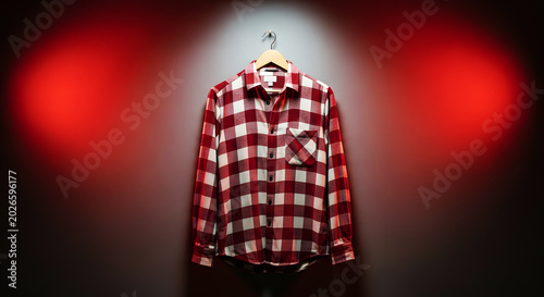Red and white plaid flannel shirt hanging on wooden hanger dramatic lighting