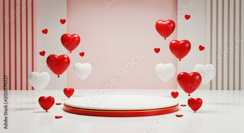 Valentine's day product showcase red and white heart balloons with podium