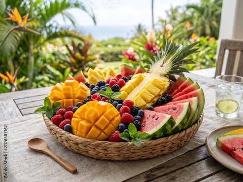 fruit salad in a wicker basket