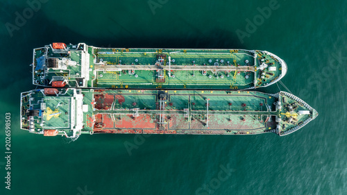 Drone shot of oil tanker vessel, energy and logistics concept.