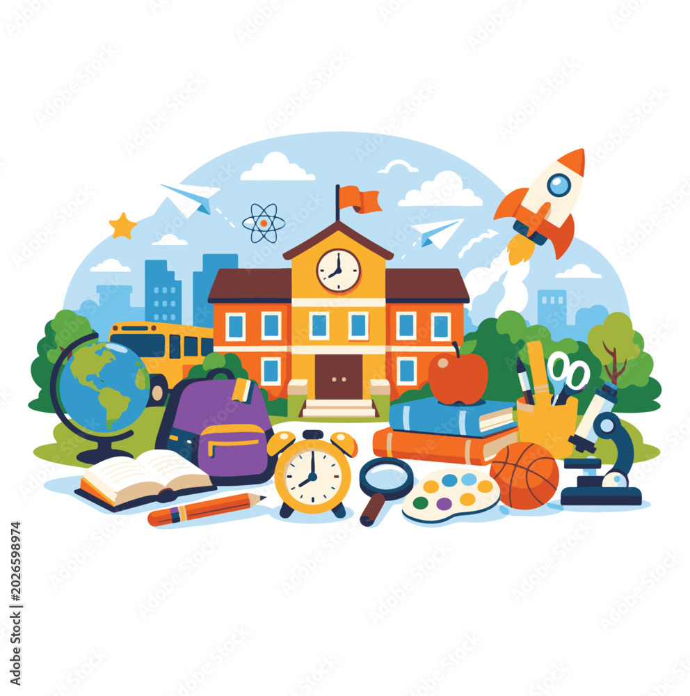 Naklejka premium Colorful School Building with Education Elements Illustration