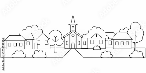 line drawing of a small town landscape with buildings and trees