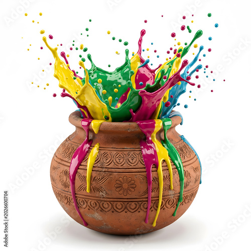 Clay pot with colorful paint splashes isolated on white background