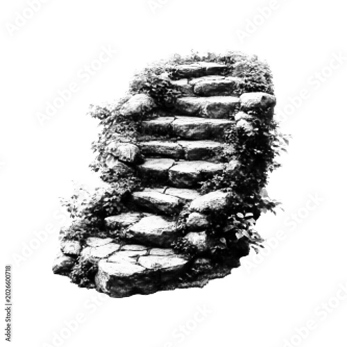 Canvas Print Monochrome halftone stone staircase illustration with natural garden landscape