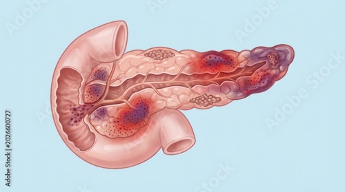 Illustration of inflamed pancreas showing areas of necrosis and hemorrhage