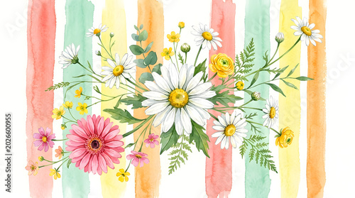 Watercolor daisies and pink flowers with striped background